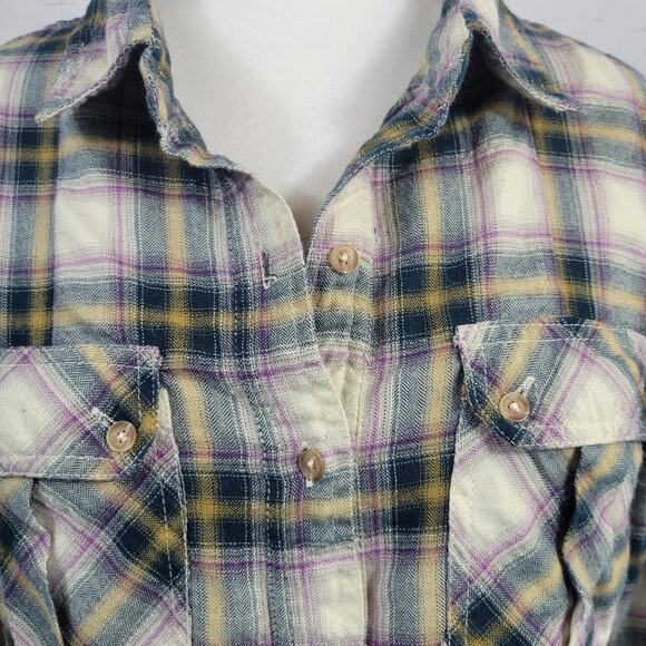 NSF Plaid Flannel Popover Shirt 1/2 button Raw Hem Size Small - Picture 5 of 9